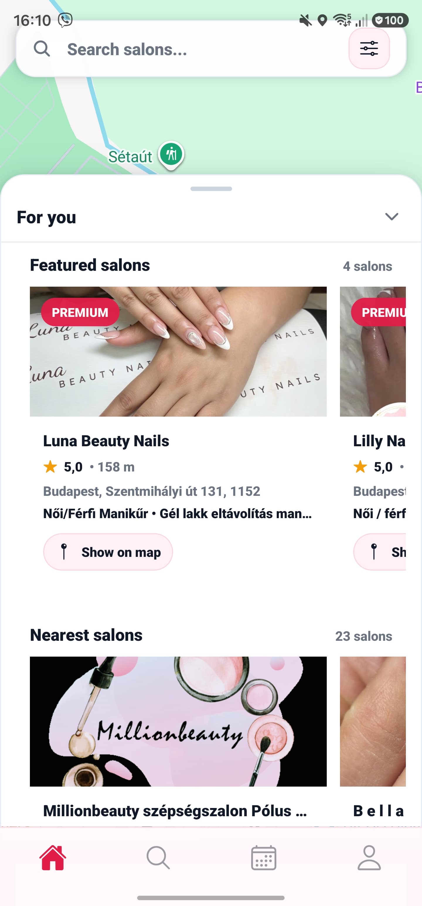 Szalonkereső képernyő a Nail Budapest Map alkalmazásban