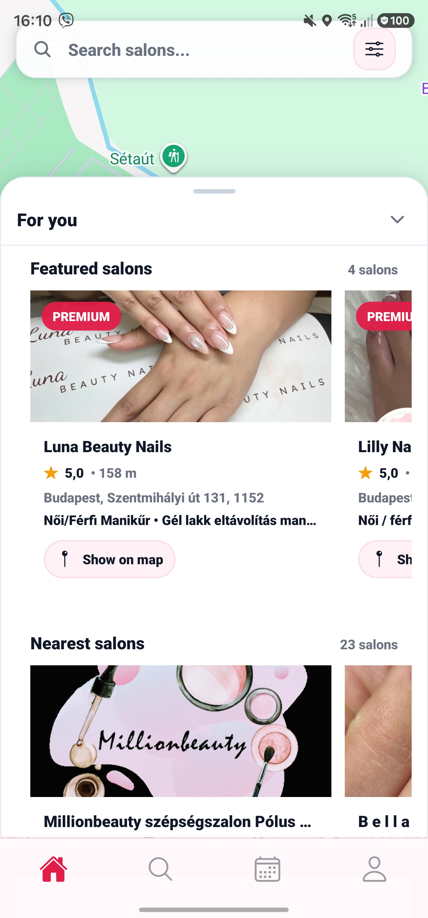 Szalonkereső képernyő a Nail Budapest Map alkalmazásban